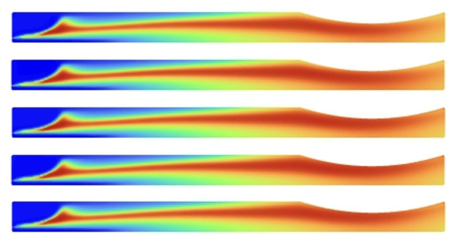 Temperature contours across mixture-ratio sweep in a rocket combustion chamber