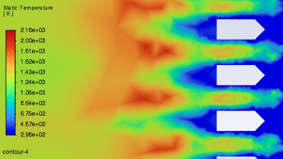 Combustor temperature field, ~2,180 K peak