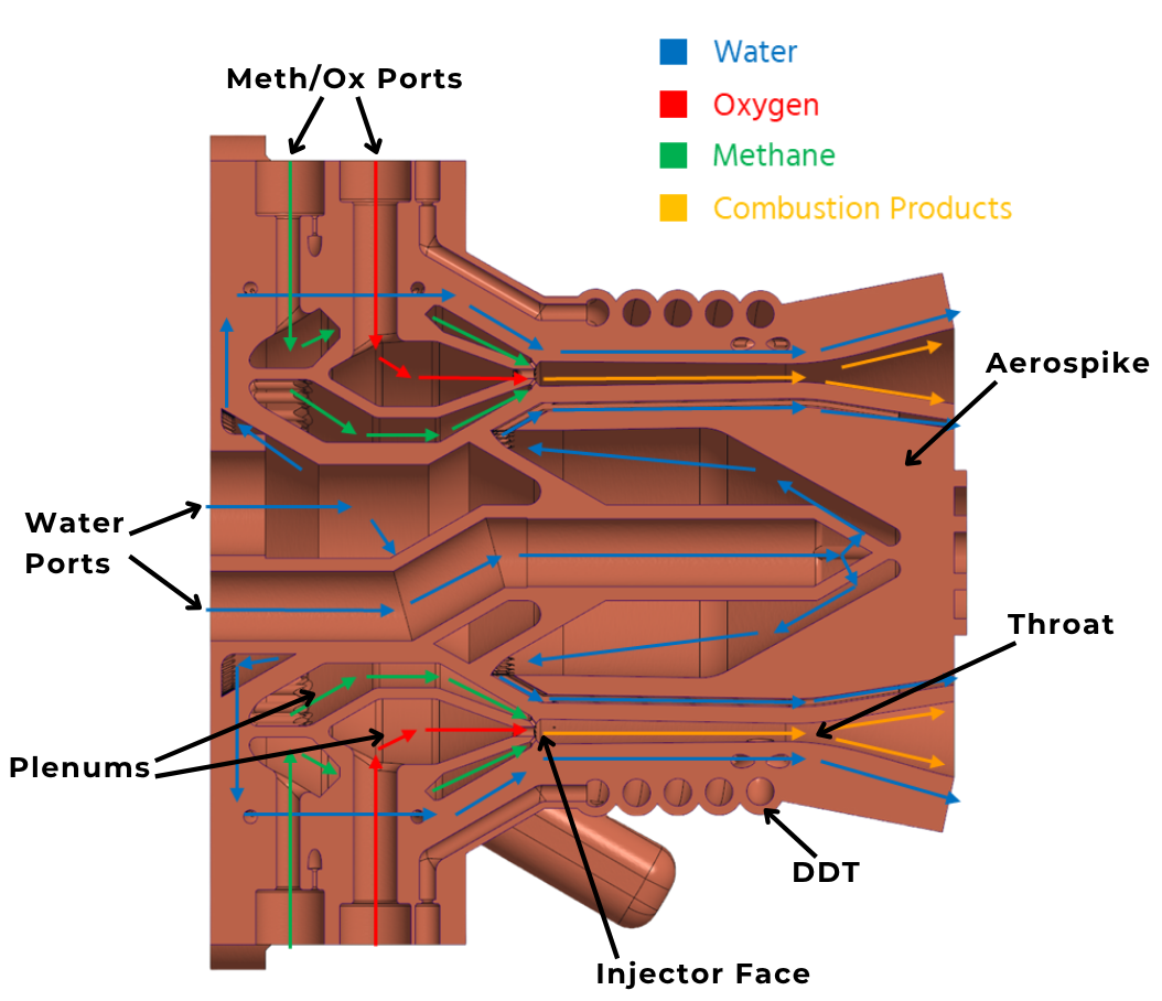 Engine cutaway — propellant, coolant, and combustion-product flow paths
