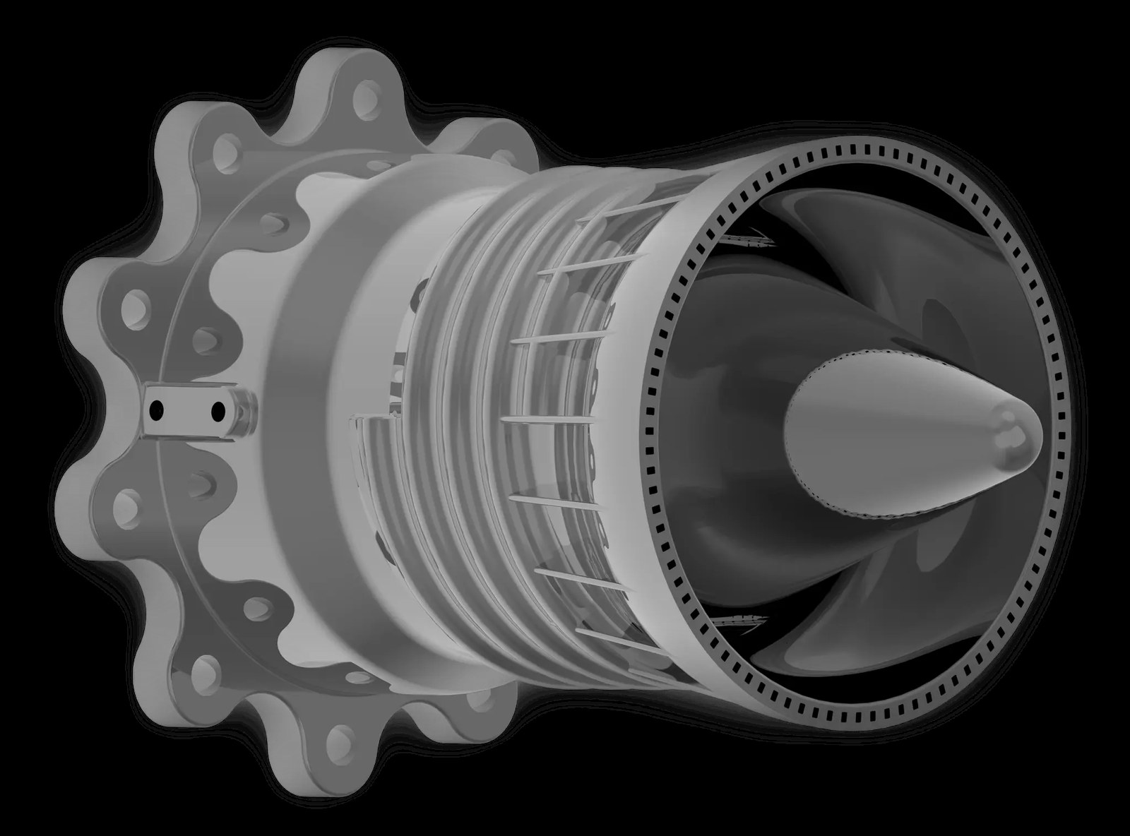 Mark I render — coolant ports and mounting flange