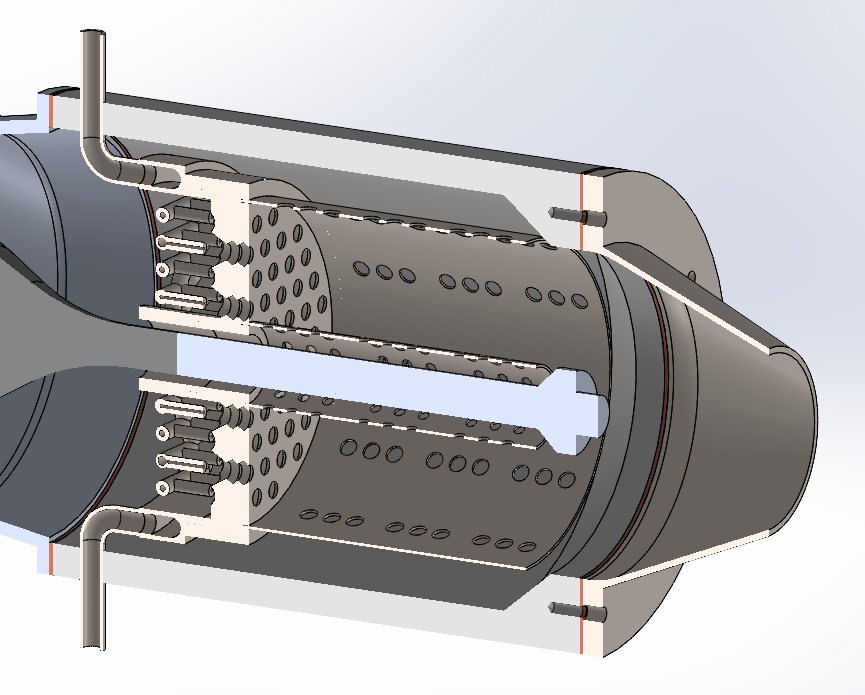 Section view — perforated combustion liner and fuel injector array