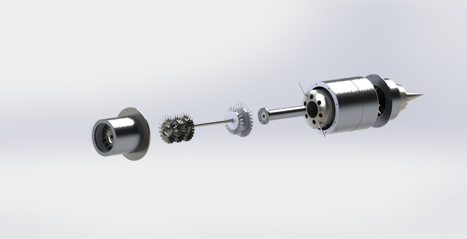 Exploded CAD — spool, compressor and turbine stages, combustor, casings