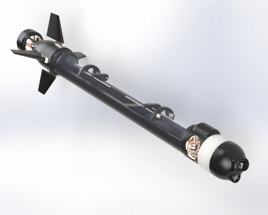 Transparent-hull render showing the internal electronics rail, ballast, and sensor runs