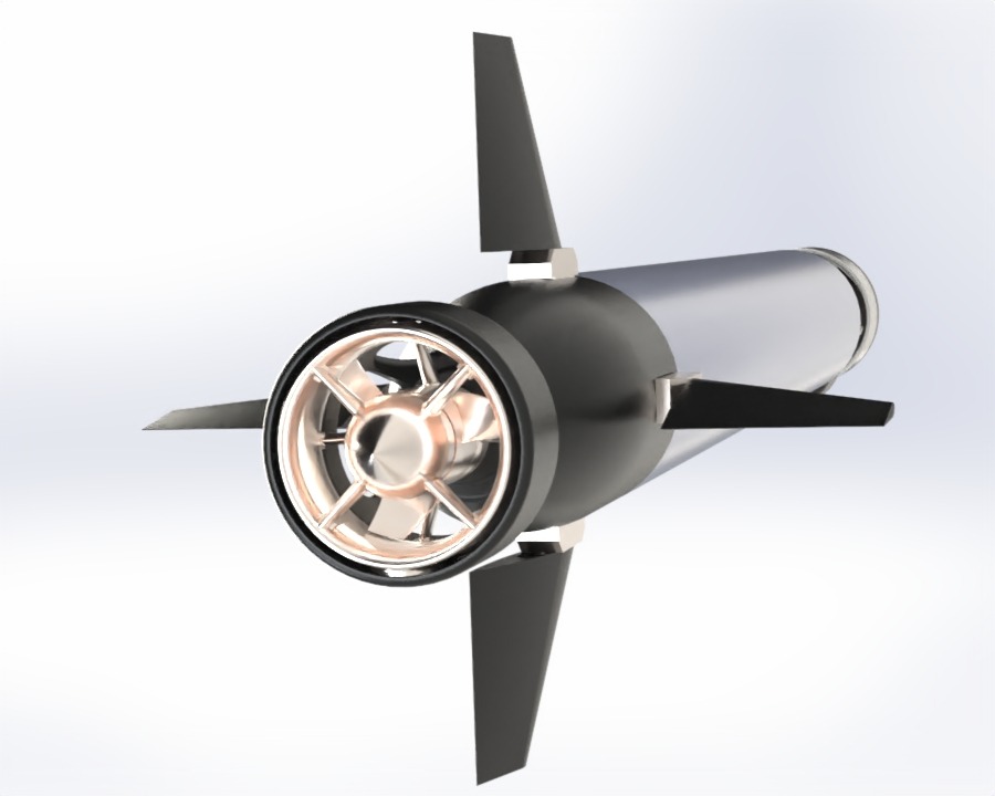 Rear render showing the main thruster and control fins