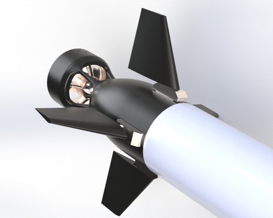 Close render of the tail cone, thruster, and fins